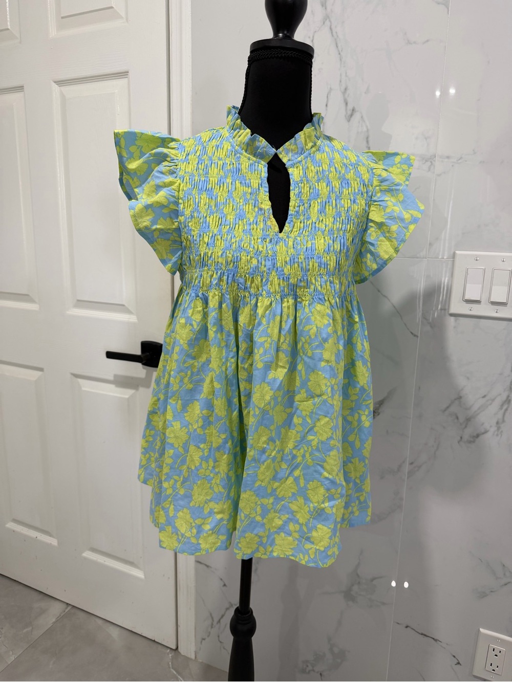 Pinch Blue & Lime Floral Smocked Flutter-Sleeve Top